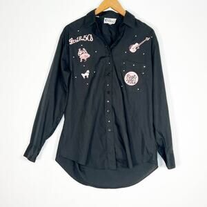 Las Olas Embroidered 50's Rock N' Roll Black Pink Button Down Shirt Womens M